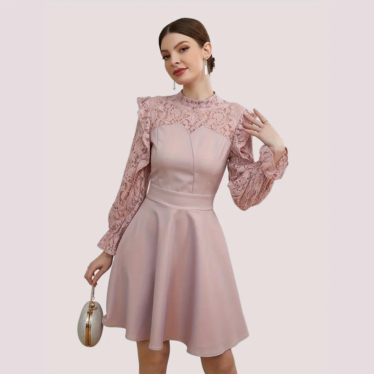 Fashion Long Sleeve Mini Pink Lace Women's Dresses Summer Simple Natural Casual Dresses