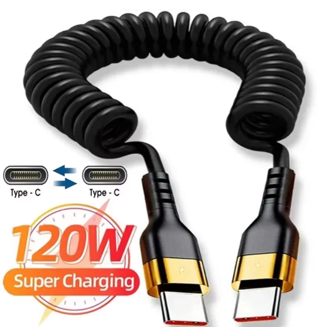 PD 120W Type C to Type C Cable Spring Retractable Fast Charging Cord Car Charger Telescopic Mobile Phone