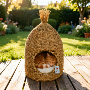 <span class=keywords><strong>Lit</strong></span> pour chat en corde d'herbe tressée à la main, Nid pour animaux <span class=keywords><strong>de</strong></span> compagnie artisanal en paille et corde d'herbe, Panier naturel pour chaton avec coussin - Product Image 1
