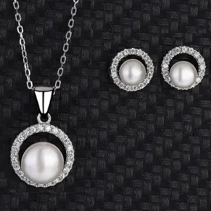 Conjunto de collar de plata 925 con perlas de agua dulce, pendientes de piedras preciosas de circón, adornos de moda para mujer, boda, venta al por mayor