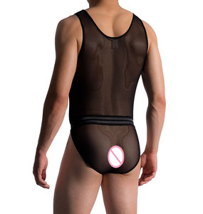Sous-vêtements <span class=keywords><strong>tanga</strong></span> sexy pour homme en maille transparente noire personnalisée au toucher érotique combiné à large ceinture rayée pour le corps - Product Image 2