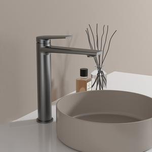 Robinet de lavabo minimaliste en cuivre gris anthracite de style hôtel, poignée unique, double commande, chaud/froid, mitigeur de comptoir avec cartouche céramique - Product Image 5