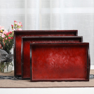 Rectangular Wooden Serving <b>Tray</b> Red Color For <b>Tea</b> Coffee Hotel Use With Handles Storage Plate - Product Image 4