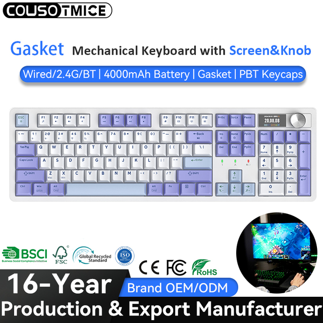 104 Keys Bluetooth Tri-mode Hot Swappable Gasket RGB 87 Keys Wireless Mechanical Gaming Keyboard with Smart LCD Screen & Knob