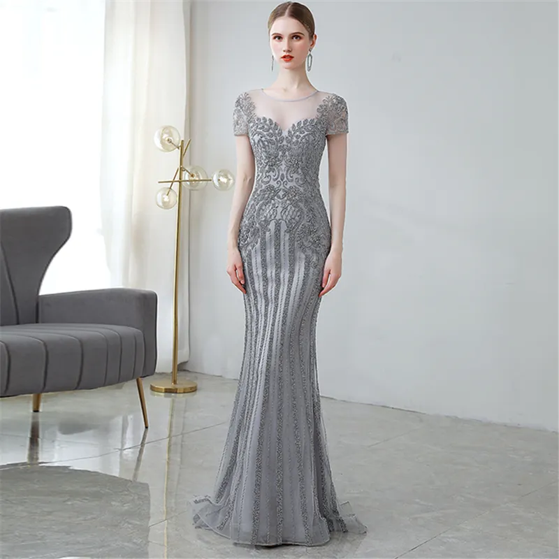 New Banquet Wedding High-end Evening Gowns Slim One-shoulder Long Dress Silver Gray Handmade Beaded Fishtail Dress for Women