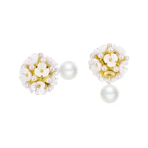 Vintage Pearl Flower Ball Stud Earrings Style Statement Elegant Jewelry Womens French Retro Metal 18K Gold Plated Trendy Shell