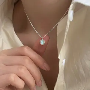 Rainbowking Dainty 925 Silver Gradient Dazzling Moonstone Love Necklace Female Ins Simple Collarbone Chain Fine Jewelry Necklace