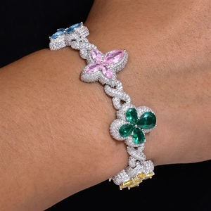 Chaîne unisexe en argent sterling 925 plaqué or 22 mm avec trèfle à quatre feuilles et croix en moissanite VVS colorée, style cubain <span class=keywords><strong>TUHE</strong></span> TQB0366 - Product Image 2