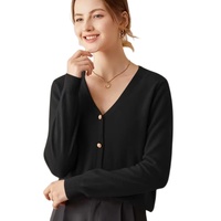 Cardigan en tricot pour femme, col en V, manches longues, 12GG, mélange de coton raffiné, couleur unie, automne, vente en gros