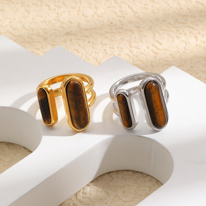 Stainless Steel 18K Gold Plated <b>Tiger</b> <b>Eye</b> Stone Open <b>Ring</b> Retro Geometric Statement Finger <b>Ring</b> For Women Trendy Daily Jewelry - Product Image 4