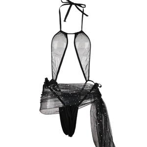 Black Wholesale Low Prices Three-Piece <b>Sexy</b> Sheer Nightgown Pure Desire Lingerie Women's Lace Cutout Halter Neck Two-Piece <b>Set</b> - Product Image 5