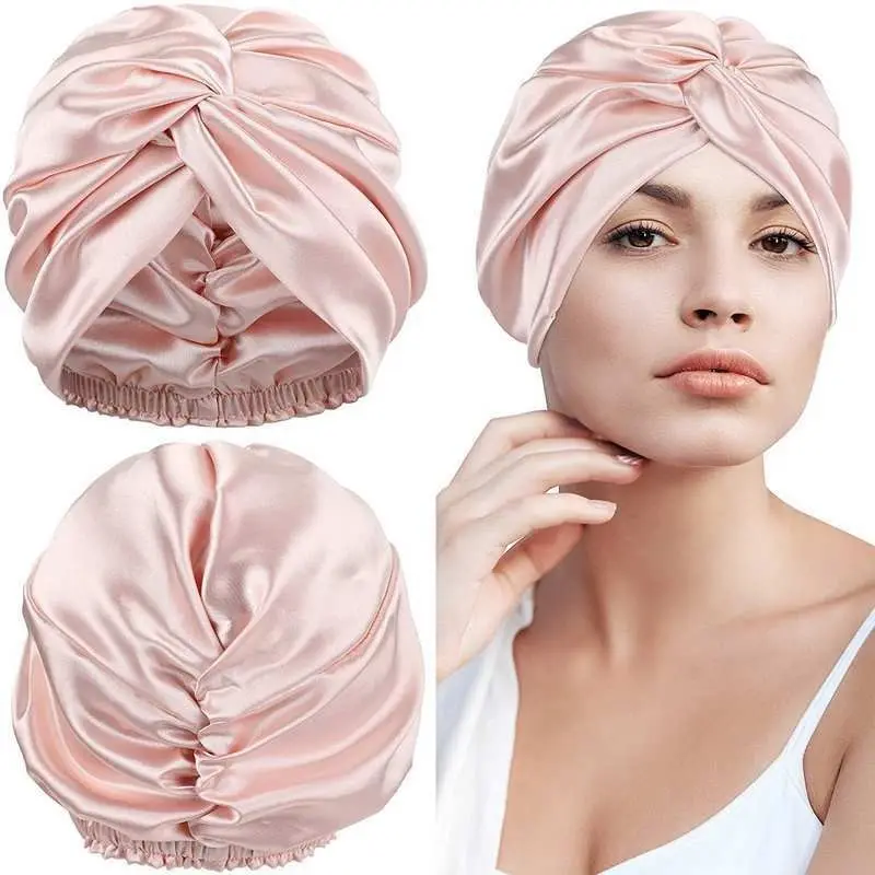 Venda quente Imitação de Seda Chic Soft Confortável Satin Night Hair Wrap Sleep Caps Bonnets Silk Hair Warps Turban Mulheres Shower Cap