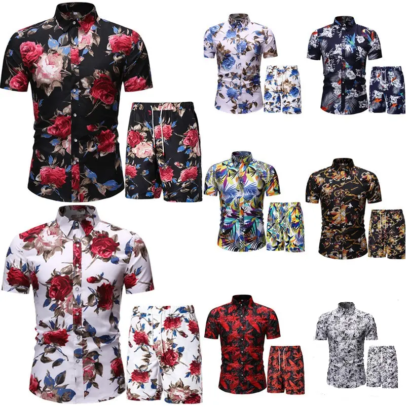 Wholesale Hot Sale Summer All Over Print New Hawaiian Beach Wear Mens Shirts and Shorts Set in Plus Size