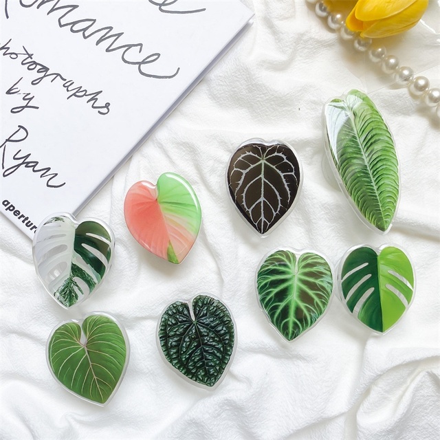 High Quality Adhesive Foldable Cell Phone Bracket Clear Acrylic Monstera Plant Phone Grip Stand Adhesive Plant Leaf Phone Grip