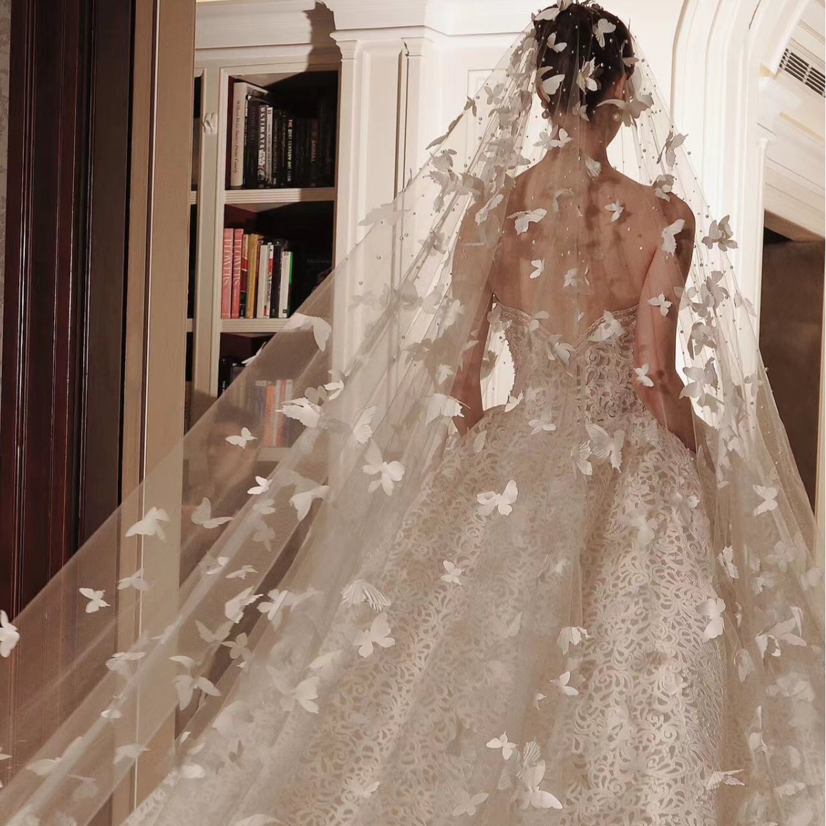 Bridal White Butterfly Pearls Veil Wedding Dress Luxury Extra Long Drag  Tail Veil| Alibaba.com