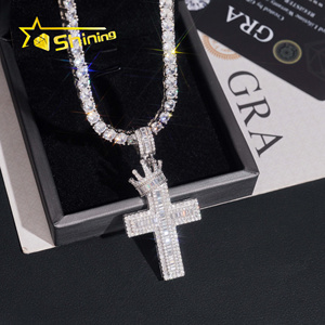 Crown <strong>Bail</strong> Baugette Moissanite Cross Charm 925 Sterling Silver <strong>Gold</strong> Plated Iced Out GRA Moissanite Pass Diamond Tester <strong>Pendant</strong>