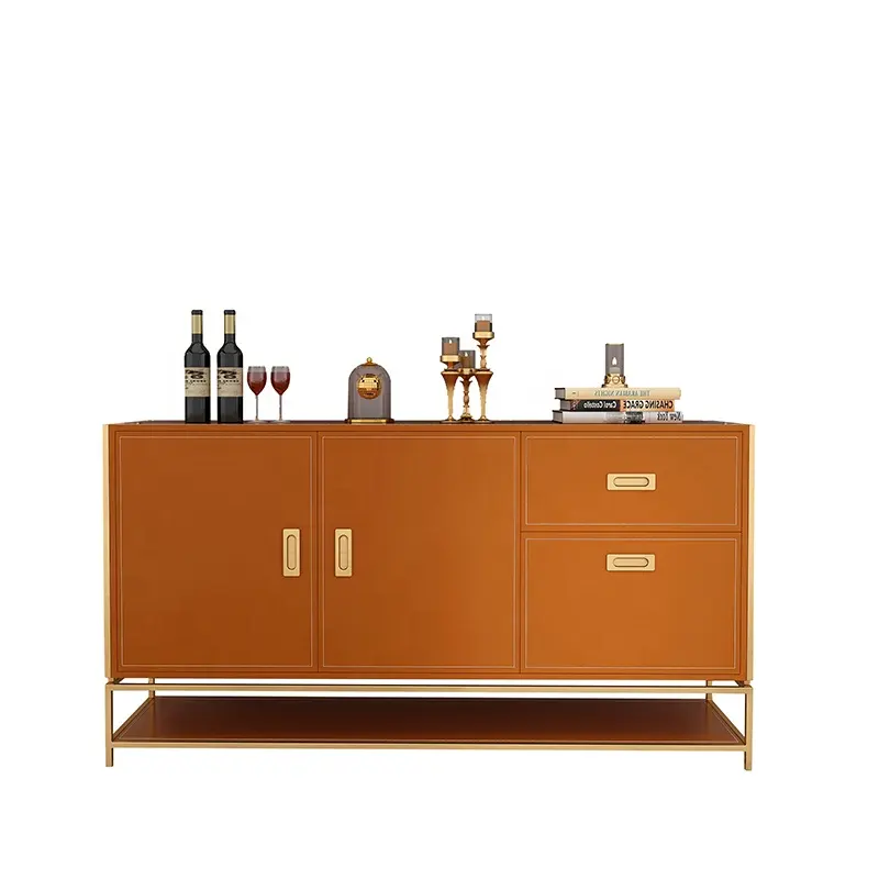 Home furniture Aniline Leather Upholstery high quality stainless steelmodern metal gold frame cabinet