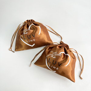 Custom Logo Satin Bags for Hair Extensions & Jewelry - Brown Silk <b>Drawstring</b> <b>Pouches</b> for Small Business - Product Image 5