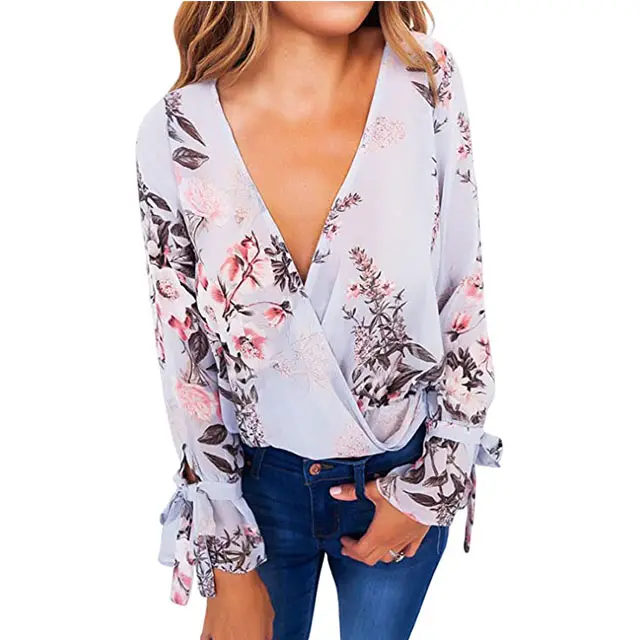 Neue ankunft fashion floral print kreuzmuster front flare hülse frauen günstige preise casual weiche sexy tops