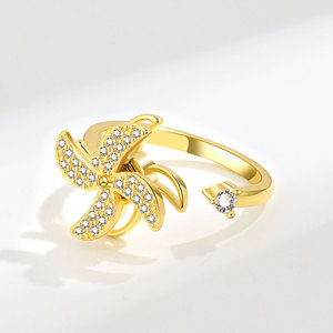 Anillo giratorio de molino de viento doble con micro pavé de circonitas, chapado en oro sobre cobre, ajustable, estilo francés, joyería antiestrés para mujer - Product Image 2
