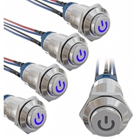 Sakelar Tombol Tekan Logam 12mm, Kepala Tinggi, LED Simbol Daya Biru, 12V DC, 1NO Sudah Terpasang Kabel