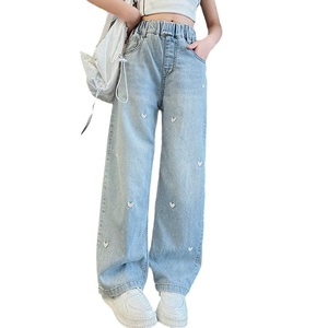D187 Nuovi Jeans in Cotone a Gamba Dritta per Ragazze con Ricami, <span class=keywords><strong>Pantaloni</strong></span> Sportivi per Bambini per Autunno e Inverno - Product Image 5