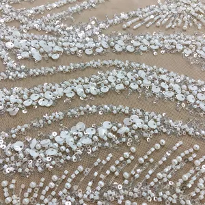 Hot Selling Style Tube Bead Embroidery Lace Fabric Pearl Sequin Lace Fabric Wedding Dress Fabric WS-2679