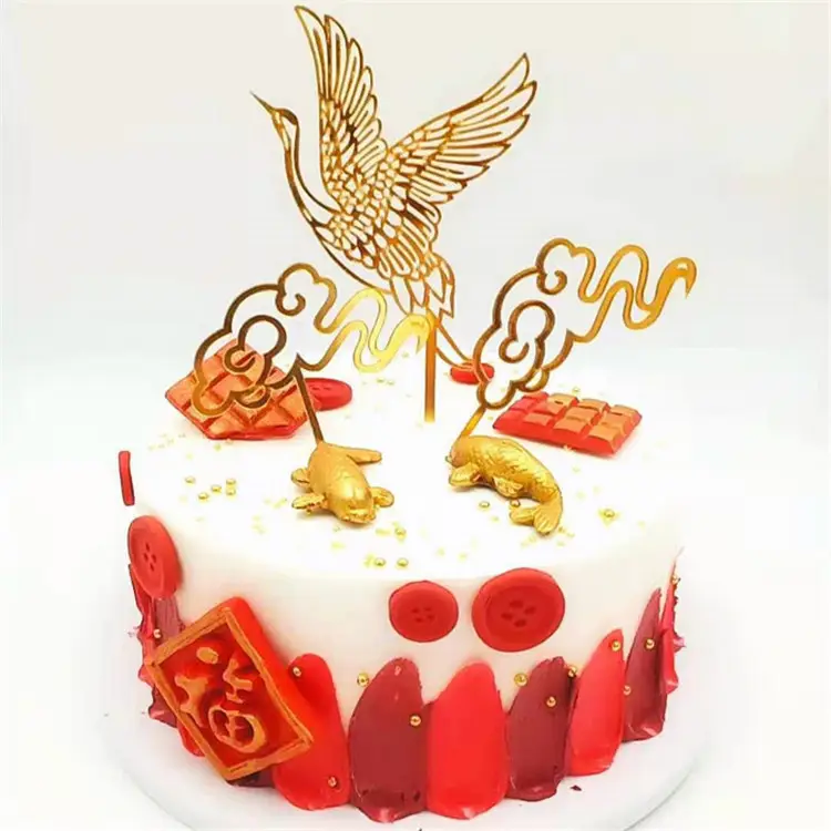 Acrílico oro grúa xiangyun pastel decoración tarjeta conjunto tarjeta de cumpleaños plug-in suministros para hornear pastel personalizado Topper