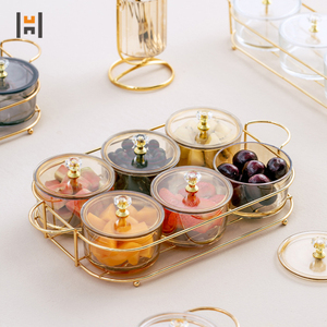 Plato de fruta de vidrio de lujo, redondo, creativo, con cubierta, rejillas divididas, tazón de almacenamiento con soporte de Metal - Product Image 6