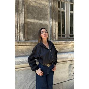 Chaqueta Bomber Negra Corta con Cierre para Mujer, Cortavientos, Manga Larga, Tejido de Tela, Abrigo, Ropa Exterior - Product Image 4