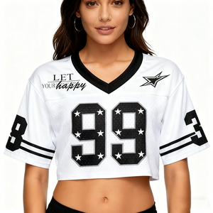 T-shirts amples Y2K personnalisés pour femmes, col en V, manches courtes, vêtements de sport, hauts en maille, streetwear, jersey court – Fabrication chinoise - Product Image 6