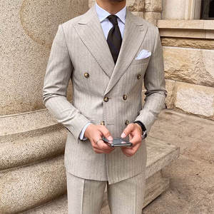 Nouveau costume pour <span class=keywords><strong>homme</strong></span>, blazer en polyester beige à fines rayures, silhouette moderne, tenue professionnelle sur mesure pour les conférences d'investissement du printemps - Product Image 1