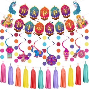 Happy Diwali Flag Banner Foil Swirls Ornament Dot Garland <strong>Bunting</strong> <strong>Tassel</strong> for Indian House Room Fireplace Wall Diwali Party Decor - Product Image 1