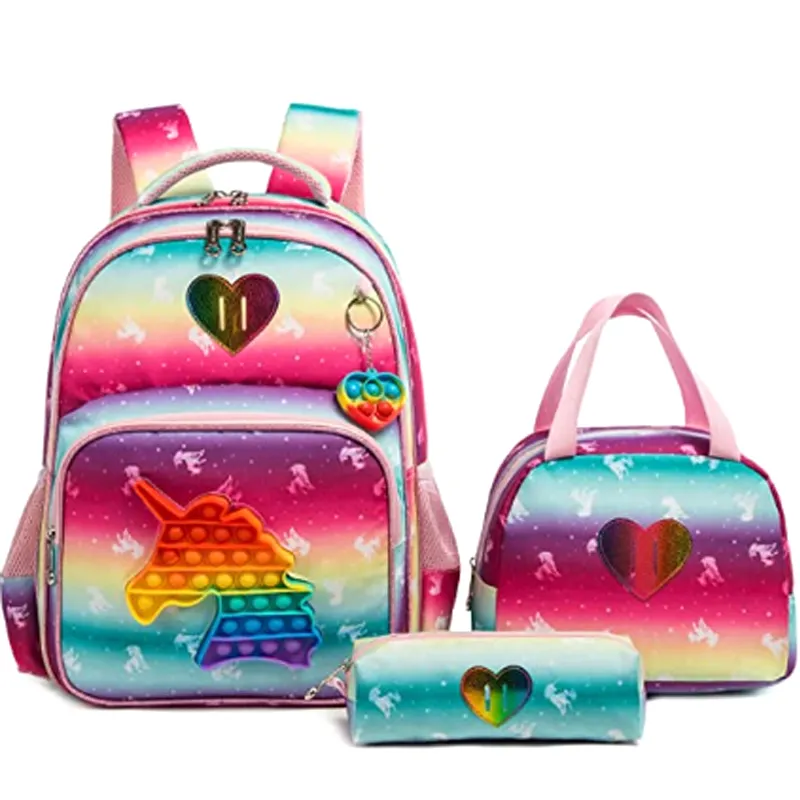 Custom Rainbow Toy Kids Silicone Fidget Pop Backpack Unicorn Children School Bags And Lunch Box Bag For Girls
