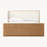 Lit plateforme traditionnel RH LIGNE Double Queen/King avec tête de lit en tissu blanc éclatant et cadre en chêne massif chaud