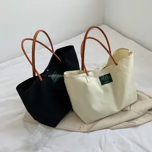 Bag Tote Canvas Foldable Reusable Bag Shopping Promotional Canvas Tote Bag With Leather Handle