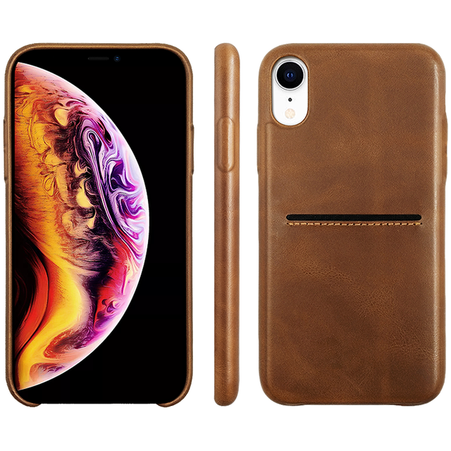 Handmade Real Vintage Brown Leather Button Mobile Back Case With Card Slots for Iphone XR