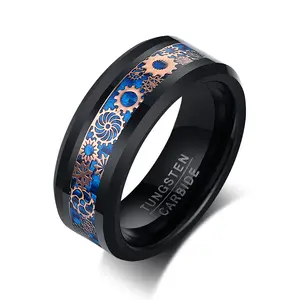 Großhandel rose gold getriebe ring-Poya 8mm schwarzes Geschenk band Roségold Zahnrad Wolfram ring mit blauer Kohle faser eingelegt