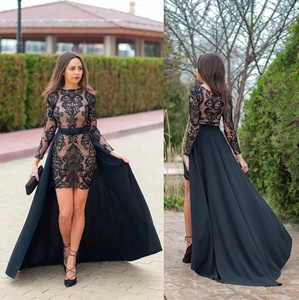 Di alta Qualità A Breve Delle Donne di Nero A <span class=keywords><strong>Maniche</strong></span> <span class=keywords><strong>Lunghe</strong></span> Vestito Da Promenade Con Il Treno Staccabile - Product Image 2