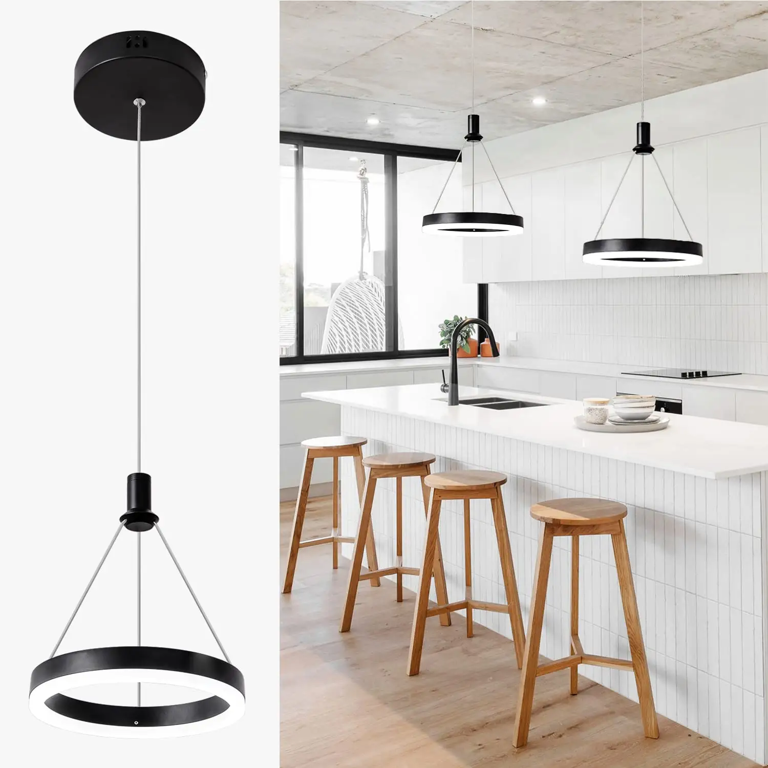 Modern Dining Room Black 15W 6000K Cool White Dimmable Chandelier For Kitchen Island Adjustable Hanging Pendant Light Fixtures