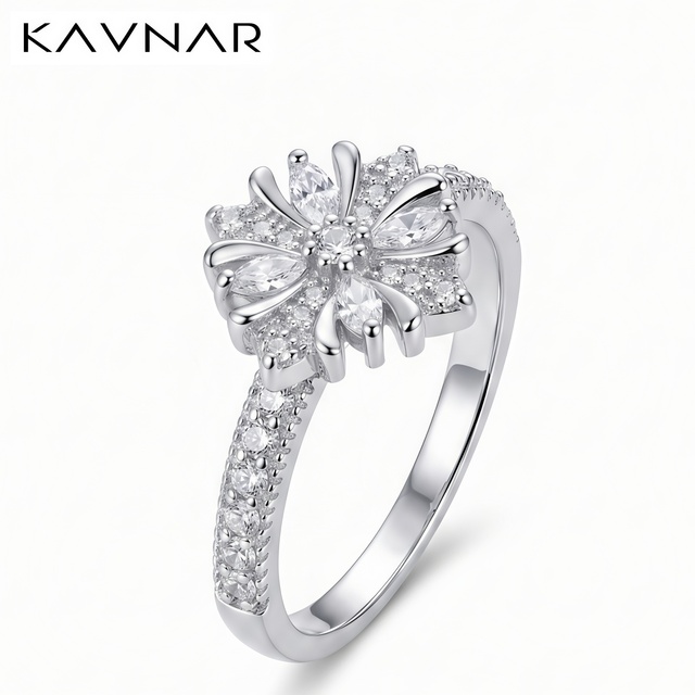 KAVNAR Band Ring White Gold Plated Brass Cross Radiant Marquise CZ Full Pave Sparkling Elegant for Women