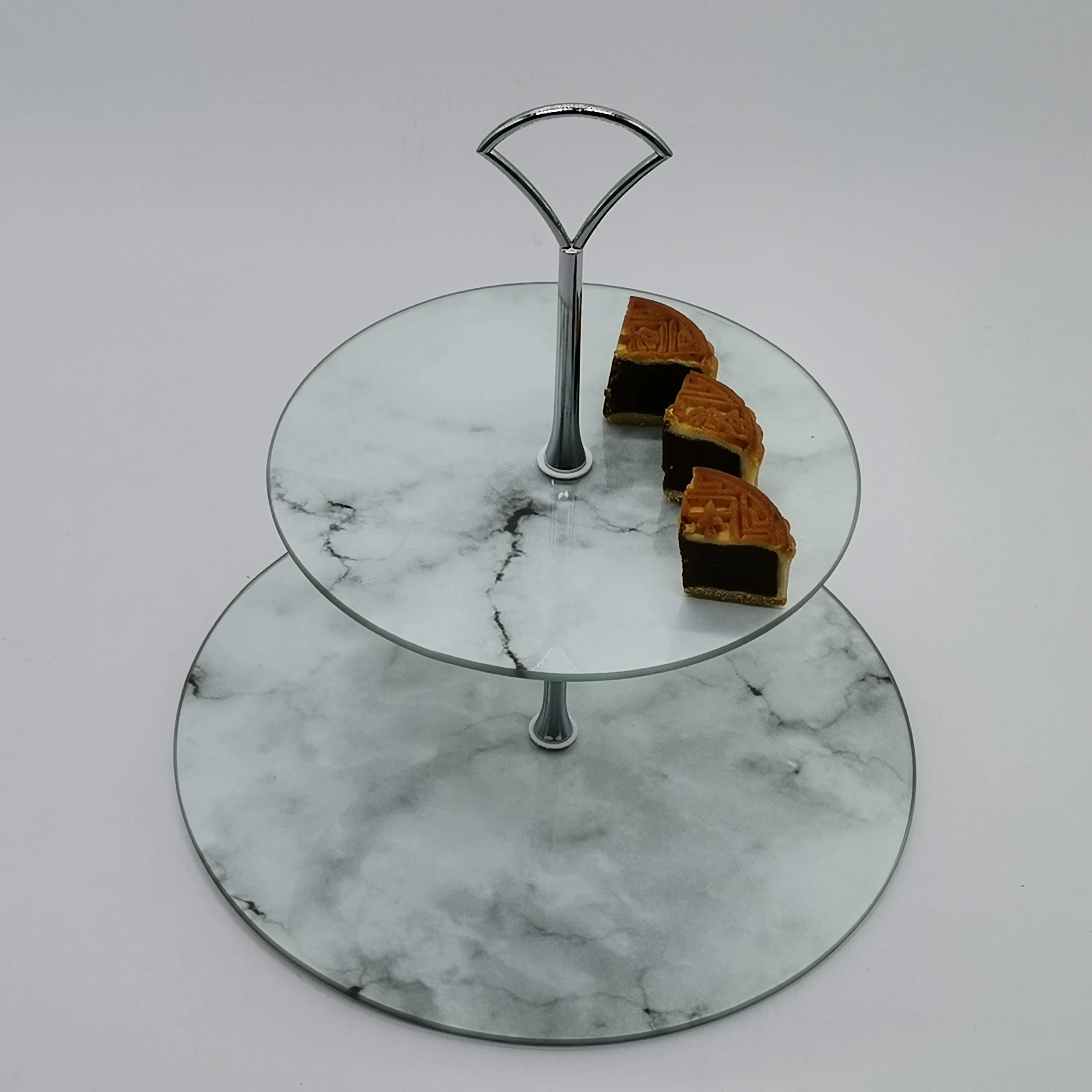 Vassoi da portata in vetro temperato di forma rotonda a 2 livelli/supporto per torta/piatto rotante