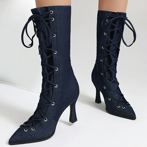 Large Size 48 Denim Front Lace up Trendy Short Booties Low Heels Mid-Calf Boots for Women Pointy Toe Wide Fit Jeans <b>Shoes</b> - Product Image 2