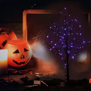 Decorazione dell'albero da tavola di Halloween 24LED luci viola 18 "albero nero spettrale Pre-illuminato con luce natalizia a led ragnatela