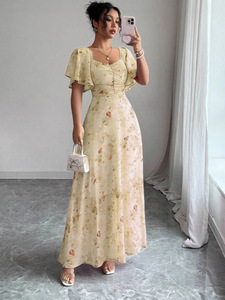 เดรสยาวทรงเอพิมพ์ลายดอกบัวสไตล์วินเทจยุโรปอเมริกัน  ทรงเข้ารูป  หรูหรา  เอวธรรมชาติ  ป้องกันไฟฟ้าสถิต  เป็นมิตรต่อสิ่งแวดล้อม - Product Image 4