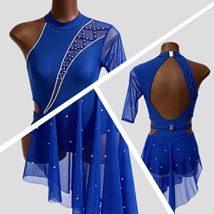 Robe de danse contemporaine bleue à strass, à manche unique, pour spectacle sur scène, tenue de danse asymétrique en maille pour femme - Product Image 2