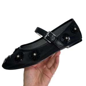 Scarpe da ballo 2025 nuova <span class=keywords><strong>punta</strong></span> tonda nera in Mesh traspirante Ballerina con paillettes floreali borchiate da donna scarpe basse Mary Jane - Product Image 5