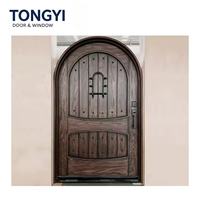 Porte d'entrée double moderne sur mesure à dôme rond, cadre en bois, design grille en verre, porte extérieure sécurisée pour hôtels et résidences