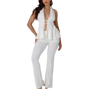 Summer New Straps Solid Colour Backless Hollow Out Halter <b>Sexy</b> Pants Two Piece <b>Set</b> Female Fashion - Product Image 1