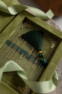 Invitations de <span class=keywords><strong>mariage</strong></span> vert olive élégant velours Invitation en boîte Suite sur mesure verdure acrylique boîte d'invitation de <span class=keywords><strong>mariage</strong></span> ensemble - Product Image 3